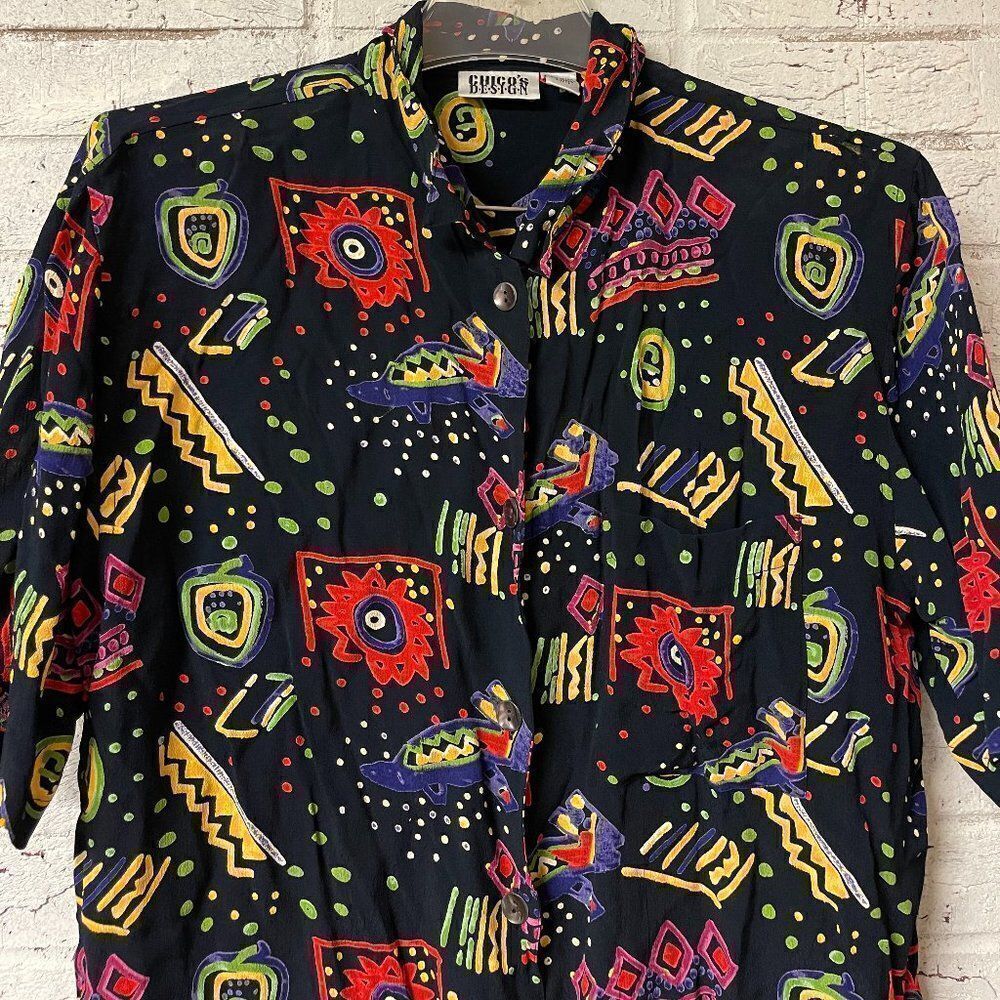 Vintage Chico's retro print short sleeve shirt blouse button-up Size 1(M/8)